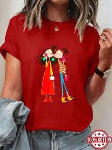 Women's T-Shirt With Selfie Sister Print, Friends Set, Short Sleeve, 100% Cotton, Round Neck, Summer Top, Breathable Spring/Summer/Autumn T-Shirt, Suitable For Casual Wear, Pure Women's Short Sleeve Round Neck T-Shirt - [紅色的] - 查看 6