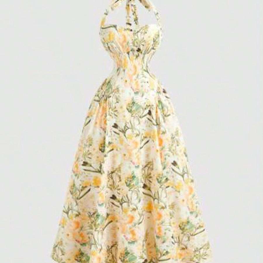 MOD Vestido a media pierna con estampado floral romántico y cuello halter, ideal para el Día de San Valentín, primavera, almuerzos, fiestas de té, vacaciones en la playa, vestidos florales y estilo vintage para mujer - Amarillo - Ver 1