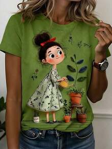Camiseta casual de mujer con cuello redondo y manga corta con estampado de chica de verano romántica - Verde militar - Ver 1