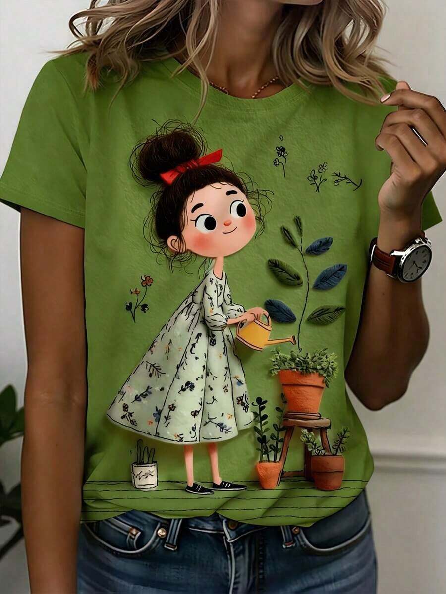Camiseta casual de mujer con cuello redondo y manga corta con estampado de chica de verano romántica - Verde militar - Ver 1