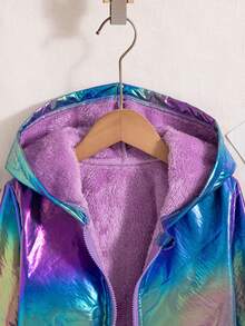 女童休闲纯色常规版型拉链连帽长袖外套棉质羽绒服，秋冬款 - 藍色 - 查看 3