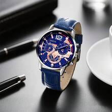 SOKI SOKI Men's Watch With Calendar Function, Fashionable Round Dial, Quartz Movement, PU Strap. Suitable For Men To Wear At Parties, Holidays And Birthdays, Or As An Ideal Gift For Brothers (Gift Box Not Included) - Blue - View 5