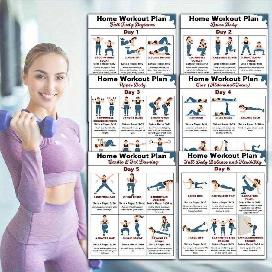 6-Day Fitness Challenge, Including Arms, Legs, Core, Glutes, Chest And Shoulders Exercises, 6 Posters Total. Ideal For Home Workout, Yoga, Dumbbell Training, Shaping And Weight Loss. An Excellent Fitness Guide And Gift