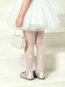 2pcs Baby Girls' White Rabbit Jacquard Pattern Tights, Elastic, Thin, Suitable For All Seasons, Daily Wear & Dance - White - View 4