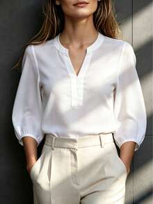 Women's Elegant V-Neck 3/4 Lantern Sleeve Blouse, Solid Color Four-Way Stretch Non-Sheer Business Commute Shirt, Versatile For Various Occasions In Summer White - White - View 1