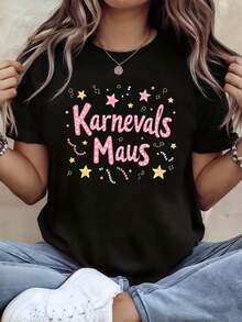Camiseta de Manga Corta Casual para Mujer - Tema de Ratón del Carnaval Alemán con Estrellas, Rayas y Eslogan Decorativo, Top Festivo Alemán Animado en Rosa y Amarillo - Negro - Ver 1