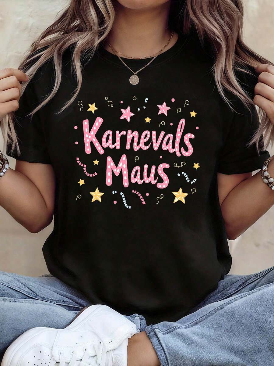 Camiseta de Manga Corta Casual para Mujer - Tema de Ratón del Carnaval Alemán con Estrellas, Rayas y Eslogan Decorativo, Top Festivo Alemán Animado en Rosa y Amarillo - Negro - Ver 1