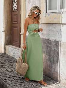 xheBrillora Vestido de moda con textura, plisado, de unicolor y con lazo en el cuello para mujerxhe - Verde - Ver 5