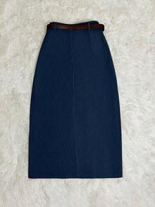 SMUM Women's Corduroy Skirt With Pockets And Slit, With Belt, In Khaki And Leopard Print - Dark Gold - 查看 2