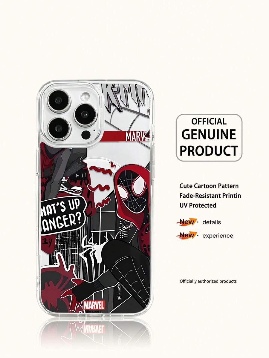 Miniso Marvel 蜘蛛人鋼鐵人卡通男款手機殼,具備磁吸充電功能,適用於 iPhone 17 Pro Max/17 Pro/Air/16 Pro Max/15 Plus/14/13/17/15Pro/12 Pro/11/16 Plus 及其他手機型號,防震耐刮保護殼 - 無色 - 查看 1