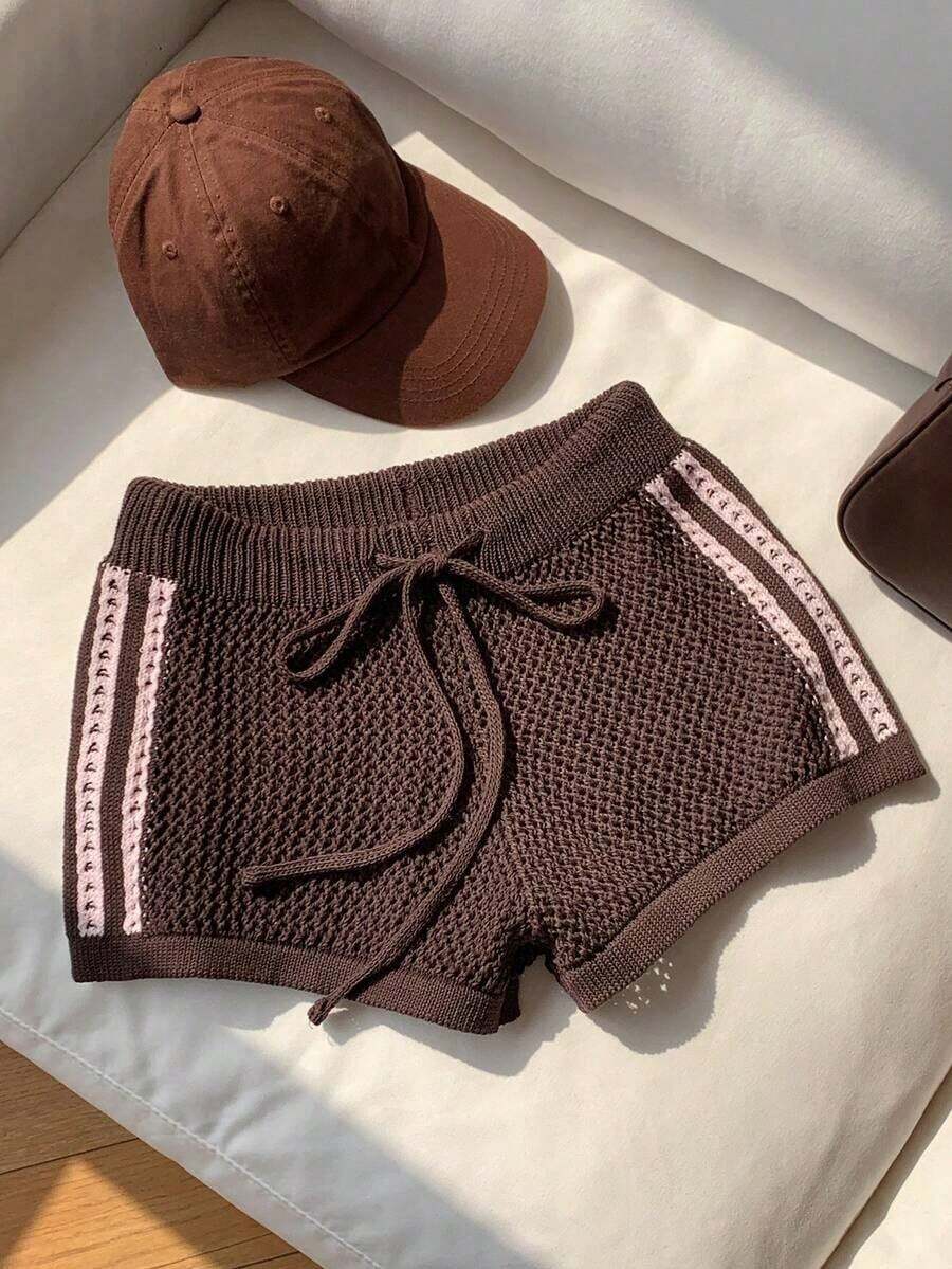 Pantalones cortos de punto casuales con cintura alta elástica y cordón para mujer en otoño/invierno - Café integral 2 - Ver 1