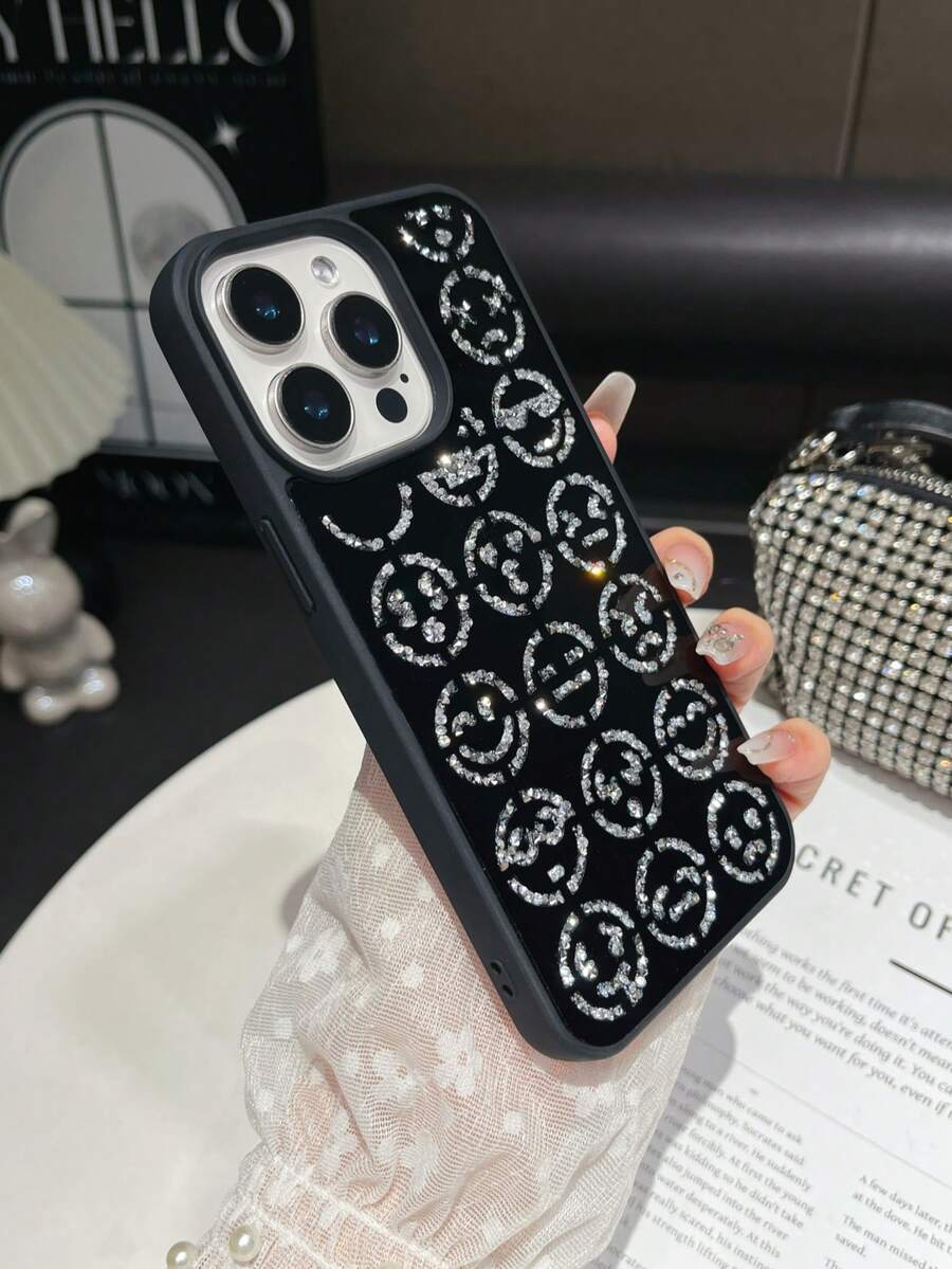 1pc Gray Smiling Face Design Spray Oil Skin Feel Rhinestone Mirror Inlaid Anti-Drop 2-In-1 Phone Case Suitable For 14promax/17promax/15promax