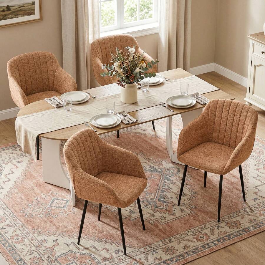 Goeurvant Contemporary Vertical-Stripe Upholstered Dining Chairs With Armrests & Metal Legs For Dining Room, Kitchen, Living Room - Set Of 2 / Set Of 4 / Set Of 6--Orange-Chenille - 橘色 - 查看 1