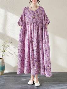 2026 Women's Summer Bohemian Style Large Floral Round Neck Short Sleeve A-Line Dress, With Pockets And Fluffy Hem - Purple - View 3