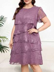 Reflora Vestido de moda con cuello redondo, mangas con volantes y estampado floral para mujer de talla - Morado - Ver 10
