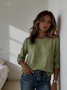 Women's Green Knitted Round Neck Top With Rolled Sleeves, Button Detail, Regular Length And Split Hem, Autumn Style - Green - View 3
