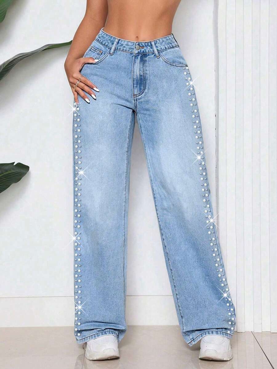 ALO FASHION Pantalones vaqueros anchos de mezclilla de lavado claro, estilo bohemio sexy para fiestas, para mujer, con elegante ribete de perlas y alta elasticidad. - azul real - Ver 1