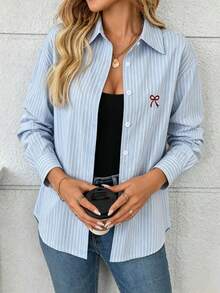 Women's Striped Front Button Bow Embroidery Blouse Spring - Baby Blue - View 2