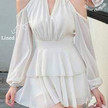 Vestido casual de mujer de unicolor elegante con mangas farol y hombros descubiertos - Rojo - Ver 2