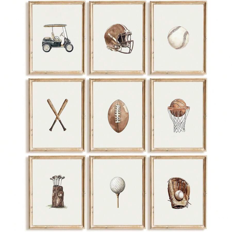 9pcs Vintage Sports Wall Art Decor, Canvas Prints Of Football, Baseball, Basketball, Golf, Game Room, Bedroom Wall Decor, Unframed 8"X10" - Cartoon - View 1