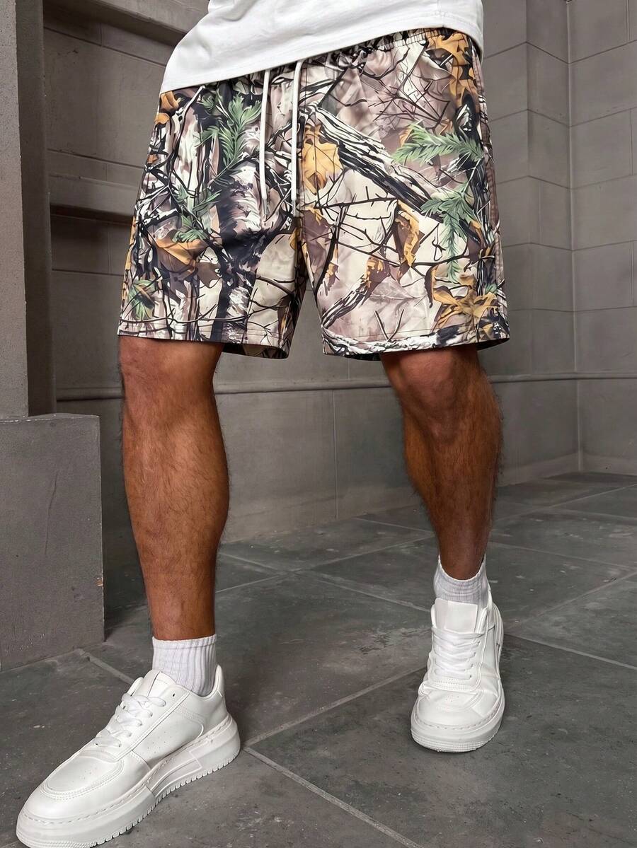 Men's Casual Sports Digital Print Knee-Length Shorts, Autumn Leaf Print, All-Over Print Shorts - Multicolor - View 1