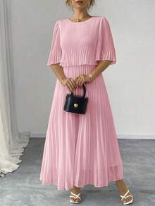 Vestido plisado de gasa con estampado floral de estilo francés elegante, talla, primavera/verano - Rosa - Ver 6