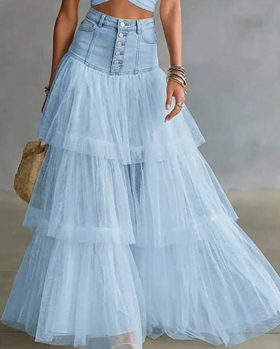 Women's High Waist Denim & Mesh Tiered Maxi Skirt, Button Front Tulle Ruffle Layered Long Skirt Blue Denim & Tulle Tiered Maxi Skirt, High Waist Flowy Layered A-Line Skirt Layered Flowy A-Line Denim Waist Maxi Skirt - 藍色 - 查看 1
