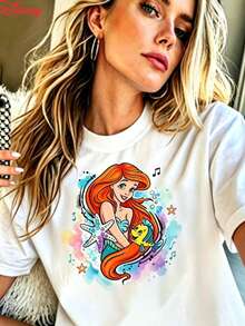 Disney Brand Casual Women's Cotton T-Shirt With Ariel Motif, Round Neck And Short Sleeves - trắng - Xem 1