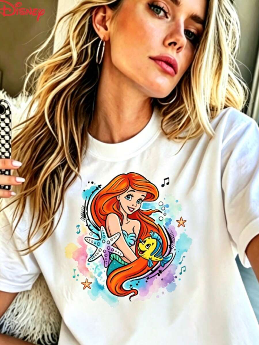 Disney Brand Casual Women's Cotton T-Shirt With Ariel Motif, Round Neck And Short Sleeves - trắng - Xem 1
