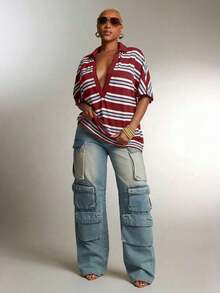 Top Polo a Rayas de Cuello Profundo y Talla Grande, Blusa Casual Vintage con Cuello en V, Cómoda para Uso Diario - Burdeos - Ver 3
