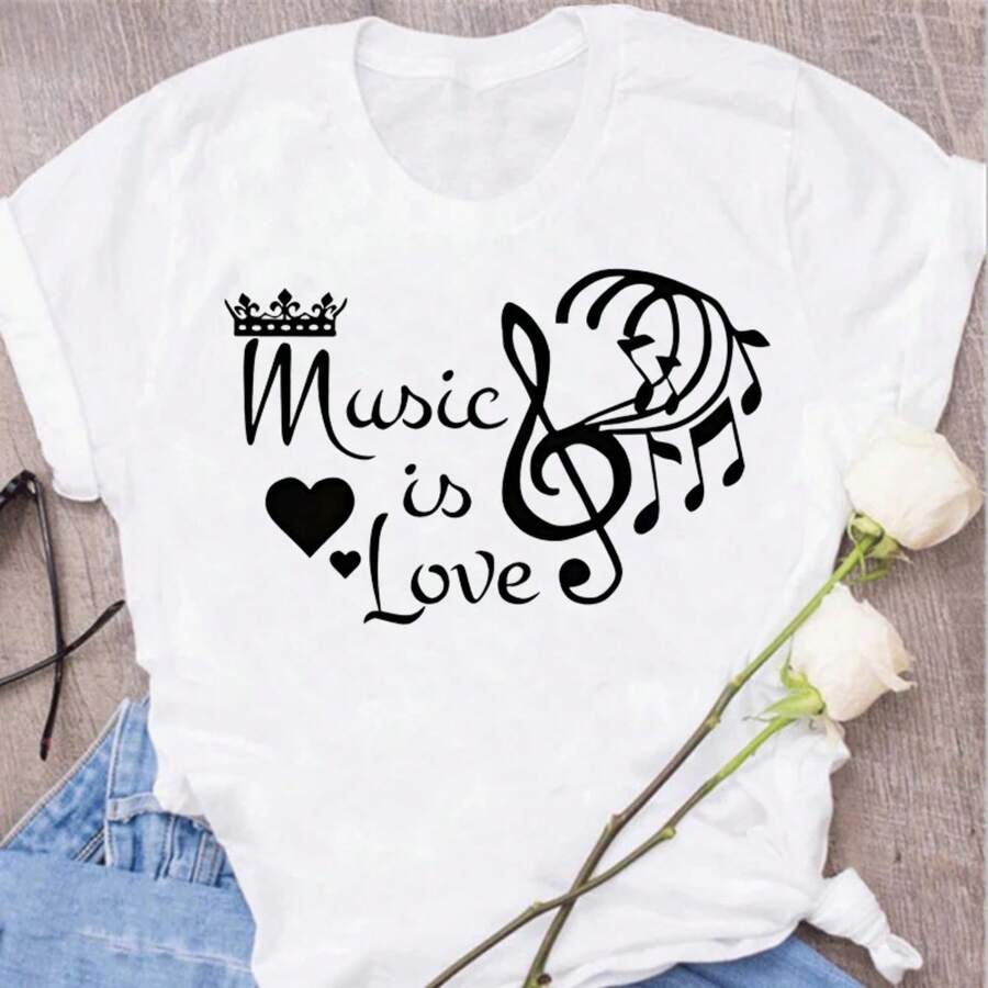Camiseta Harajuku divertida con nota musical para mujer, Tops musicales, de manga corta Camiseta negra, camisetas informales para mujer - Blanco - Ver 1