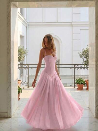 Elegant Romantic Pleated Dress, Suitable For Casual, Date, Holiday, Wedding Guest Pink Summer