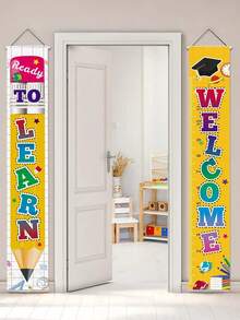 2pcs Back To School Decoration Party Banner Set, Welcome Back To School, Prepare To Learn, Porch Sign Set, Back To School Decor, Window & Door Decor, Birthday Party Decoration - Multicolor - View 4