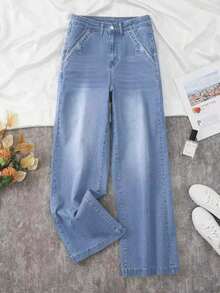 Women's Summer Casual High Waist Baggy Wide Leg Jeans, Wash Loose Denim Pants, Multi-Color Options,Seasonal Wear, Fashionable Streetwear & Daily Outfit,,Summer Style Essential,Summer Outfits For Women,Summer Clothes,Vacation Outfits Women - Màu xanh nhạt *Phong cách mùa hè mới - Xem 3
