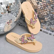 Sandalias de playa con cuña negra cómoda y suela gruesa con decoración de pavo real de metal para mujer - Beis - Ver 2