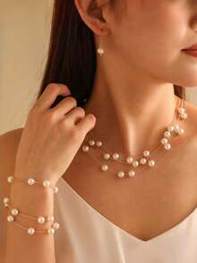 3 pièces Ensemble collier, boucles d'oreilles et bracelet, ensemble de bijoux élégant et à la mode avec perles de fantaisie - Doré - Voir 1