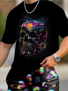 Conjunto de camiseta de manga corta con cuello redondo y estampado de calaveras para hombre y pantalones cortos, atuendo informal de verano. - Negro - Ver 8