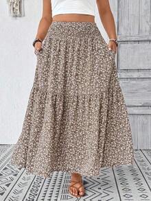 Plus Size Women Ditsy Floral Ruffle Hem Drawstring Waist Casual Midi Skirt, Suitable For Autumn Vacation Summer - Khaki - View 5
