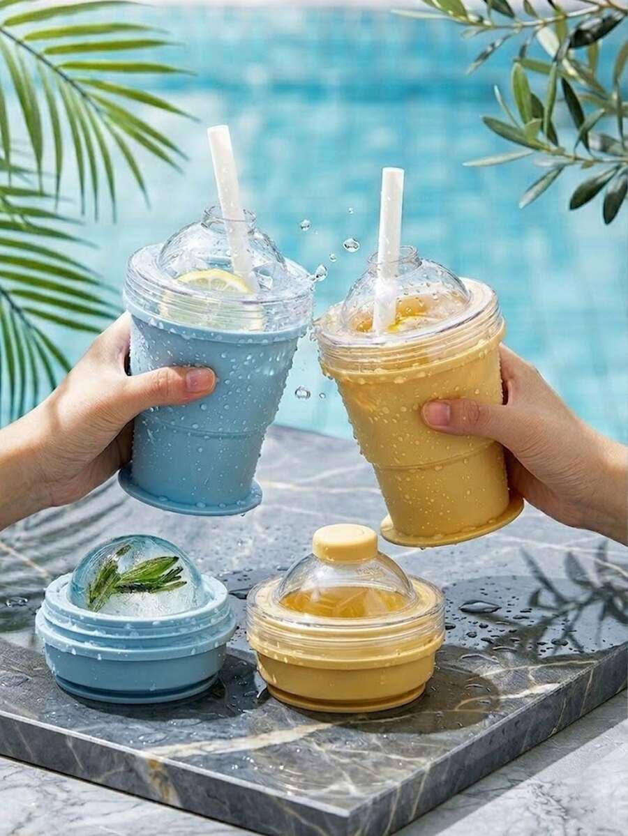 1個可攜式可摺疊冰球造型杯附吸管 175ml,含冰球模具,可重複使用摺疊飲水杯,夏季冷飲杯,適用於咖啡、飲料、果汁和威士忌,適合旅行、健行、露營和辦公室使用 - 彩色 - 查看 1