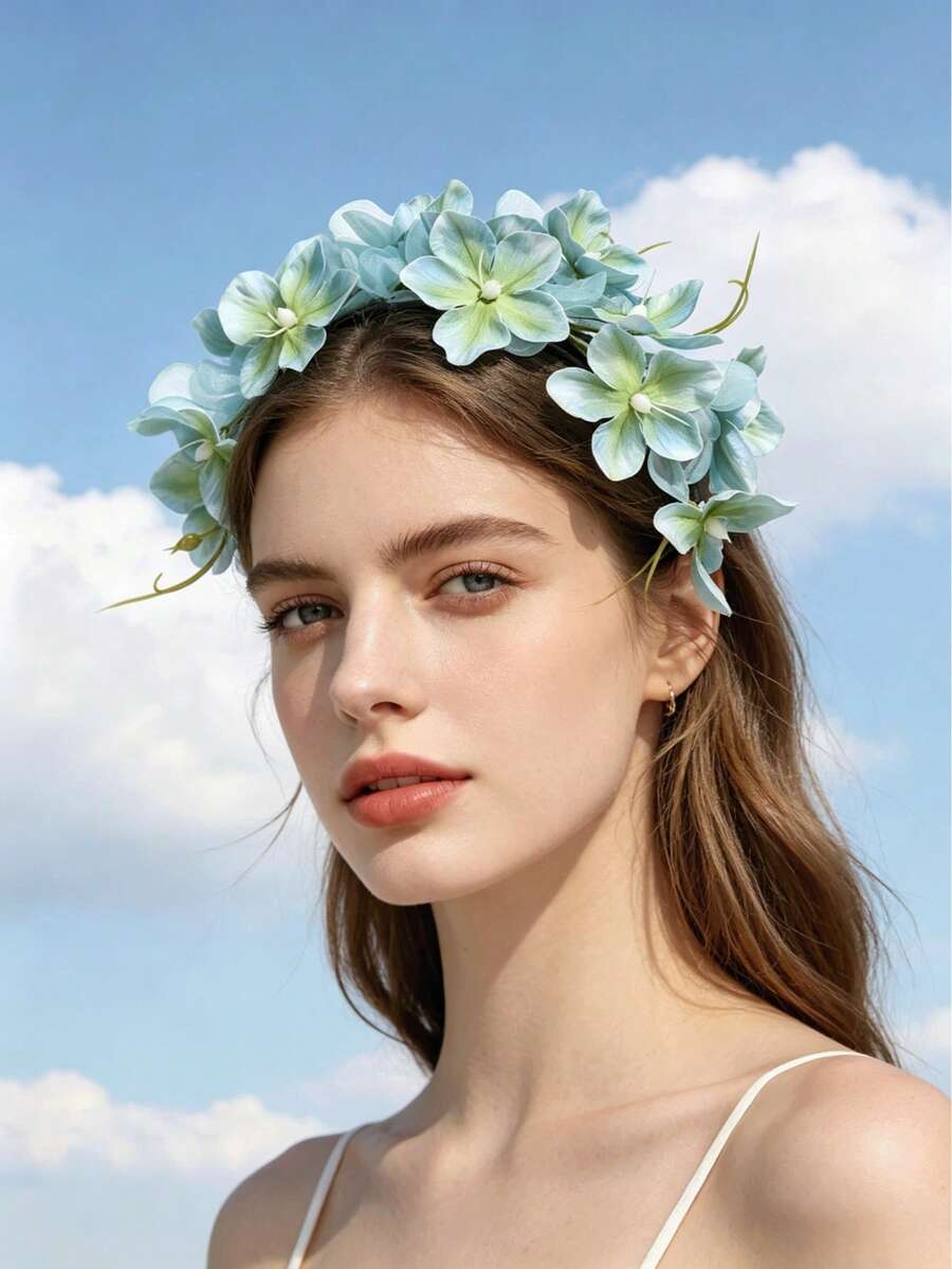 1件浪漫仿真繡球花髮箍,仙女風新娘婚禮攝影髮飾髮帶 - 藍色 - 查看 1