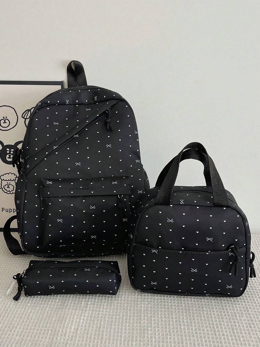 3pcs Nylon Bowknot Heart Print Backpack Set, Foldable Multi-Pocket Large Capacity Zipper Backpack, Suitable For Teenagers, High School Students, College Students, Young Women Daily Use, Commuting, Travel, Valentine's Day Gift