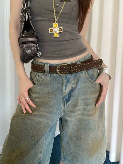 1pc Women's Coffee Color PU Material Niche Suede Rivet Double-Row Waist Belt