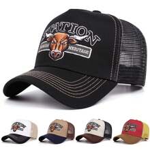 1 pieza Gorra de camionero con bordado de cabeza de toro occidental "STATION HERITAGE", gorra de béisbol con parte trasera de malla transpirable, gorra de estilo vaquero ajustable - A - Ver 1