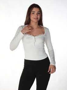 Blusa de mujer de unicolor con cuello de encaje, top ajustado sexy y de moda, blusa casual y única para uso diario y fiestas, color rojo primaveral - Blanco - Ver 2
