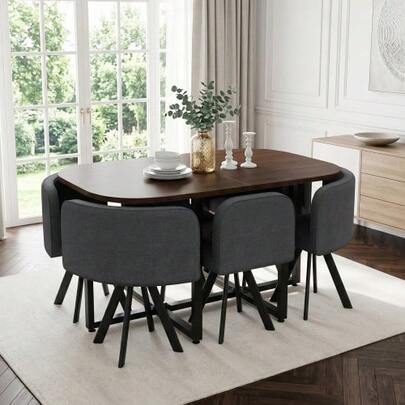 Dining Table And Chair Set For People, Consisting Of A Dining Table And Chairs With Linen Upholstery, Suitable For Kitchens And Dining Rooms