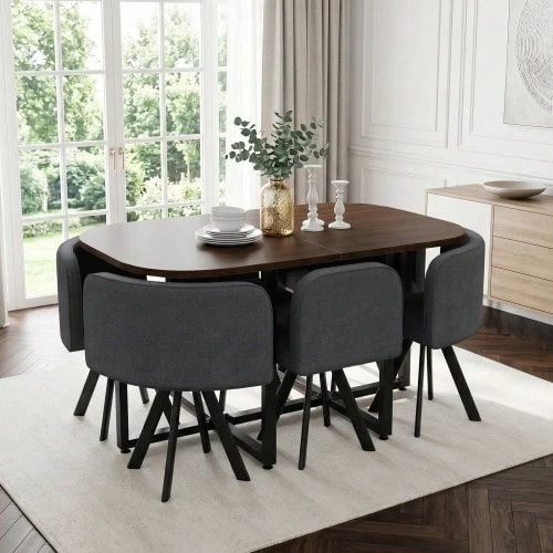 Dining Table And Chair Set For People, Consisting Of A Dining Table And Chairs With Linen Upholstery, Suitable For Kitchens And Dining Rooms - 灰色 - 查看 1