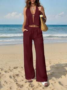 2 piezas Conjunto casual de vacaciones para mujer con top halter sin espalda y pantalones en color caqui tejido - Rojo violeta - Ver 6
