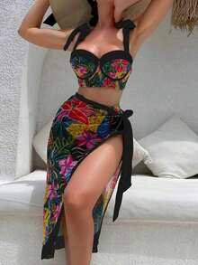 Swim Vcay Traje de baño de 3 piezas para mujer con estampado de plantas tropicales sexy, incluye pareo y falda, adecuado para vacaciones en la playa en verano - Multicolor 2 - Ver 7