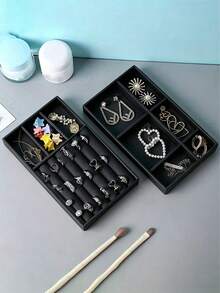 1/5pcs Black Desktop Jewelry Display Storage Box, Elegant Stackable Velvet Jewelry Tray Organizer - Portable Multipurpose Storage For Rings, Earrings And Necklaces - Black - View 6