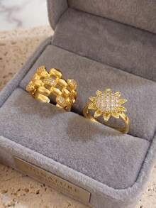 18K Gold Plated Chain Circle Zirconia Stackable Ring Set, Fade-Resistant Adjustable Wide Band Rings, Elegant Women's Daily Jewelry - Multicolor B - View 2